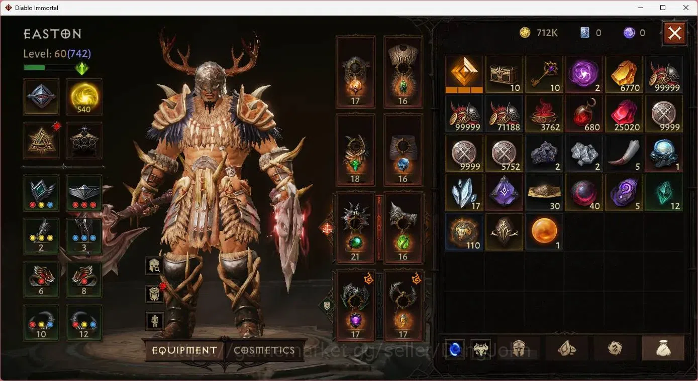 Diablo Immortal Accounts Mid-Tier SA - Oza | 60 (742) Barbarian | CR 42K | Reso 540 | Inferno 4 | 1 Cosmetics |MYRRJEN Lv 30 8