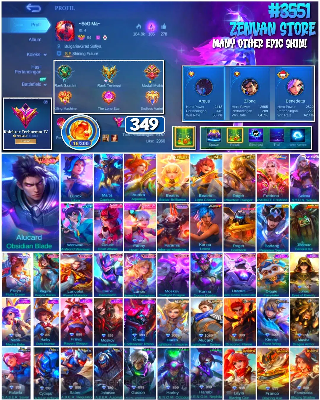 Mobile Legends: Bang Bang Accounts Collector #3551 349 Skins | Legend Alucard | Prime Beatrix | M-World Wanwan | Stun Selena 1