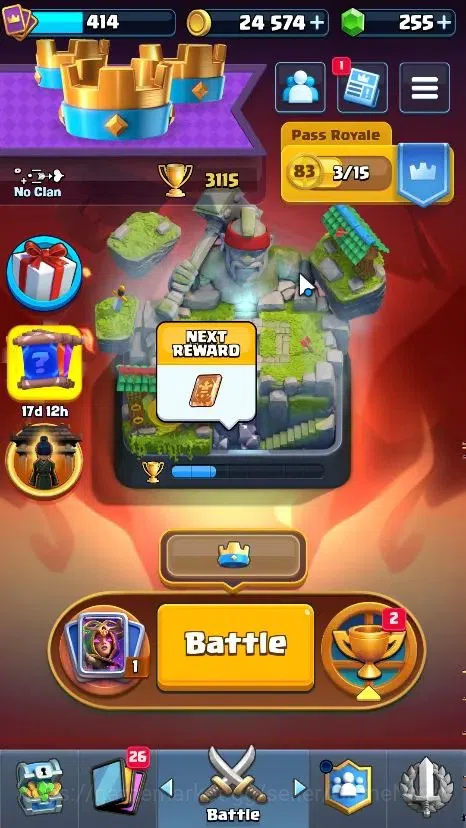 Clash Royale Accounts High-End Lv 414|KTL 10|Trophy 3115|Card 53/122|5 EVO|24 Epic 26 Rare 21 Common|Tower Skin|255 Gem|Take 1