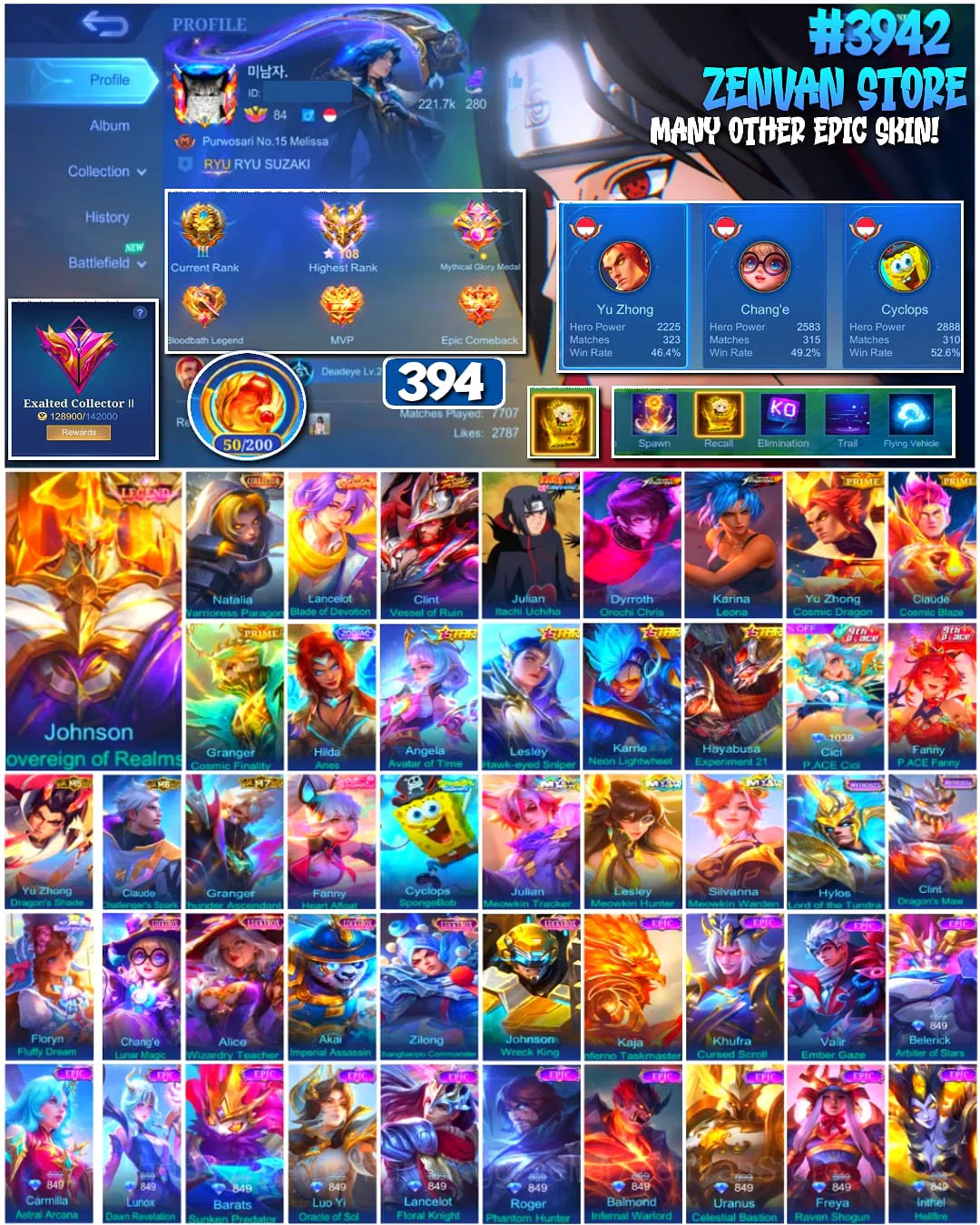 Mobile Legends: Bang Bang Accounts #3942 | 394 Skins | Legend Jhonson | Collector Natalia | Valentine Lance | Itachi | Soul 1