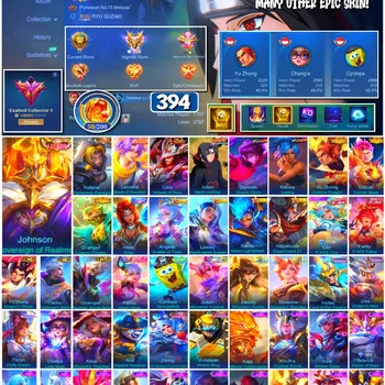 Mobile Legends: Bang Bang Accounts #3942 | 394 Skins | Legend Jhonson | Collector Natalia | Valentine Lance | Itachi | Soul