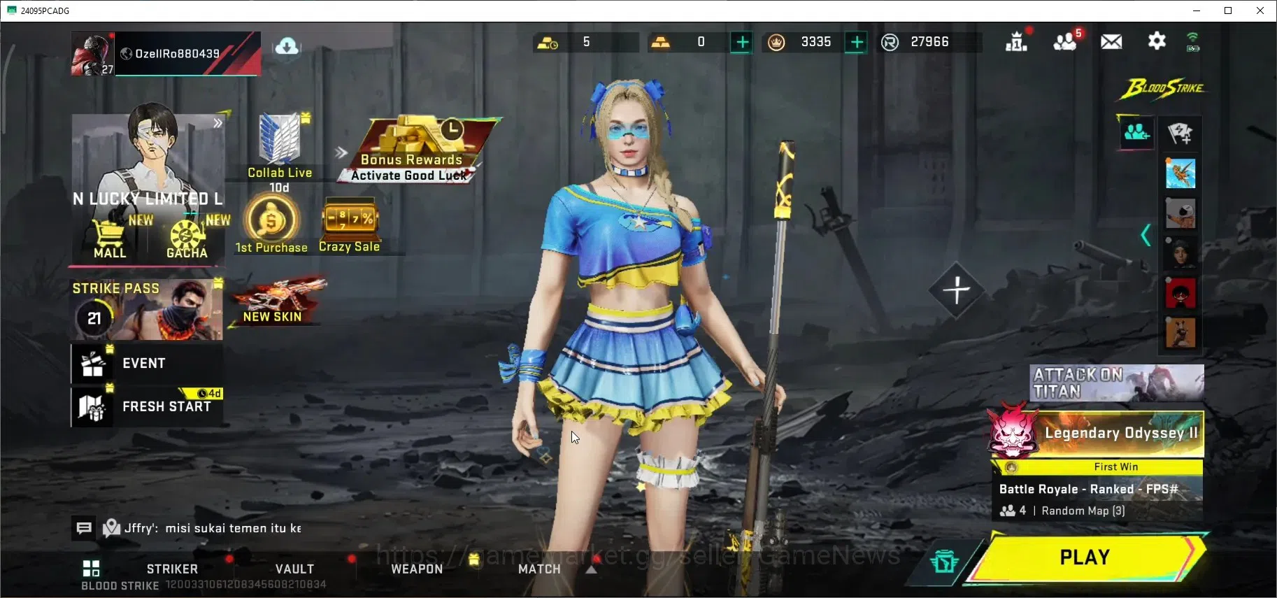 Blood Strike Accounts Collab Skin ASIA|Eternal MP7-Tidesong|Collab AoT M4A1-Battle of Faith|2 Ultra Magnum-Mako,Glock-Money 1