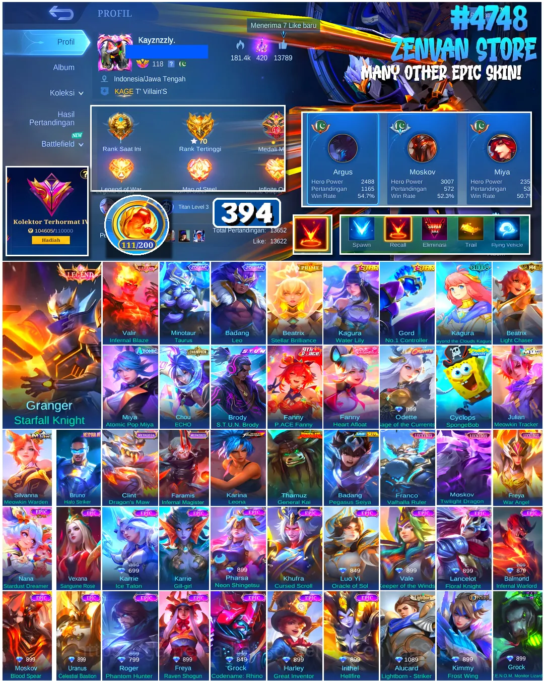 Mobile Legends: Bang Bang Accounts #4748 394 Skins | Granger Starfall Knight (LEGEND) | Valir Infernal Blaze (LEGEND 1
