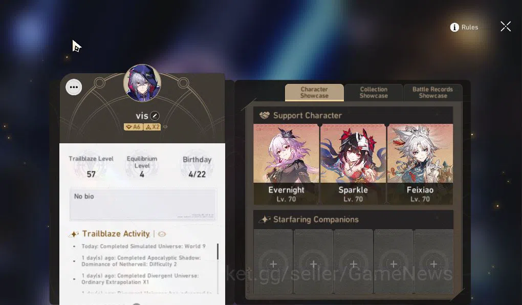 Honkai Star Rail Accounts Starter Asia|TL 57|6 Limited|EvernightE2+Sign,Sparkle,Feixiao,Ruan MeiE1,Dante,Archer|MC 2