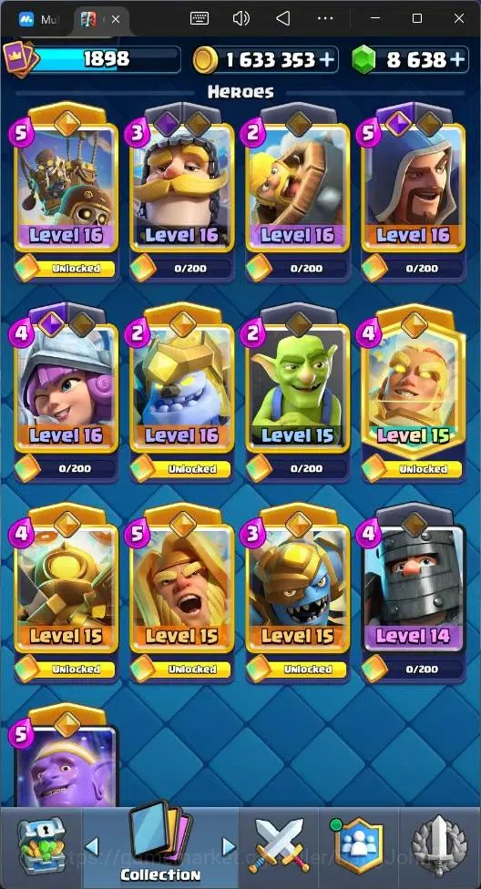 Clash Royale Accounts High-End Global |CL 1898|KTL 16|Trophy 2 (Seasonal Arena 1)|121 Cards|20 MAX|8 Champ|7 Hero|22 15