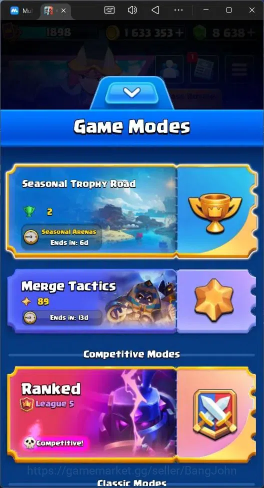 Clash Royale Accounts High-End Global |CL 1898|KTL 16|Trophy 2 (Seasonal Arena 1)|121 Cards|20 MAX|8 Champ|7 Hero|22 2