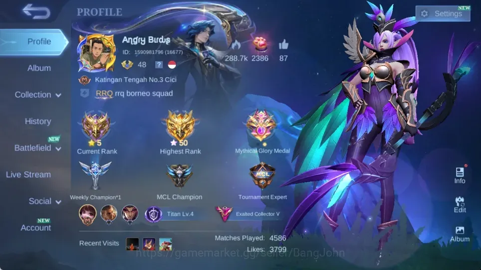 Mobile Legends: Bang Bang Accounts Others Global|Hero 106|Skin 225|Exalted V|Legend:Miya,Franco|MoskovAllstar|ZenithVexana|2 1