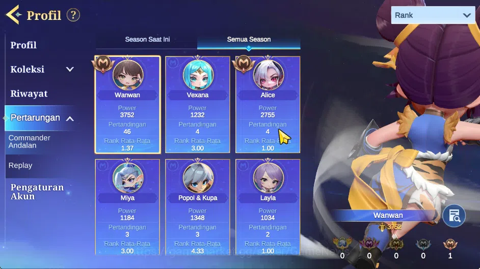 Magic Chess: Go Go Accounts High Legend III|29 Commander 4 Max(Popol Kupa,Alice,Vexana,Wanwan)|7 Skin|Special Zilong,5 5