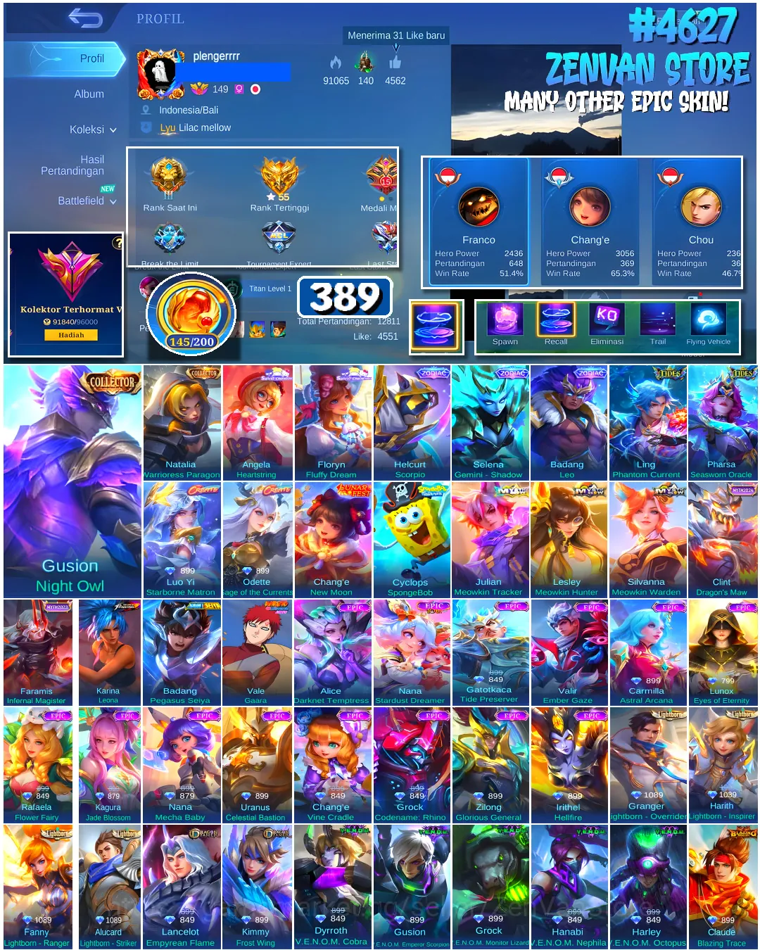 Mobile Legends: Bang Bang Accounts #4627 389 Skins | Gusion Night Owl (COLLECTOR) | Angela Heartstring (SANRIO) | Floryn 1