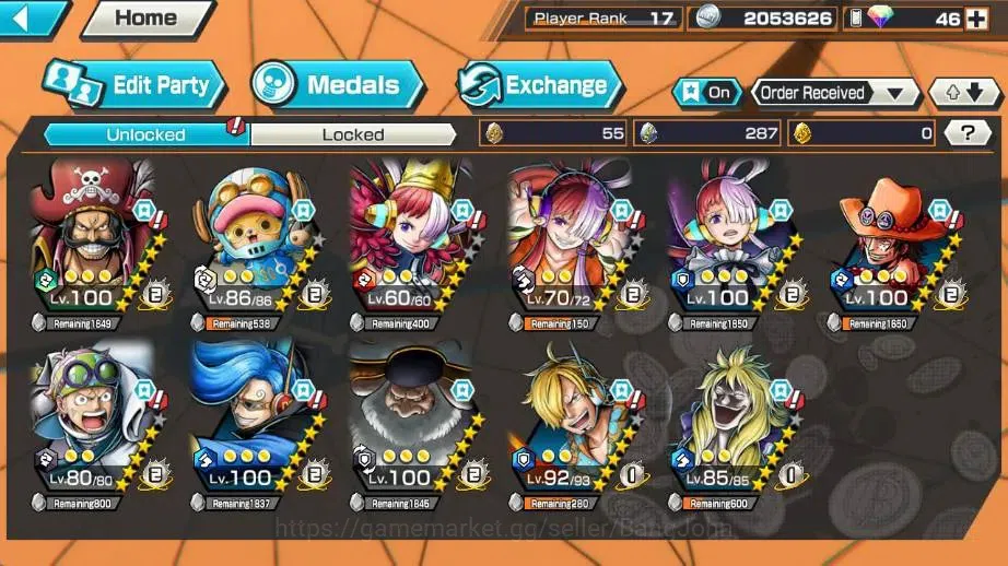 One Piece Bounty Rush Accounts High-End Global | EX 2 |2 Max | PR 17 | Gol D. Roger Max, St. Jaygarcia Satrun Max | RD 46 4