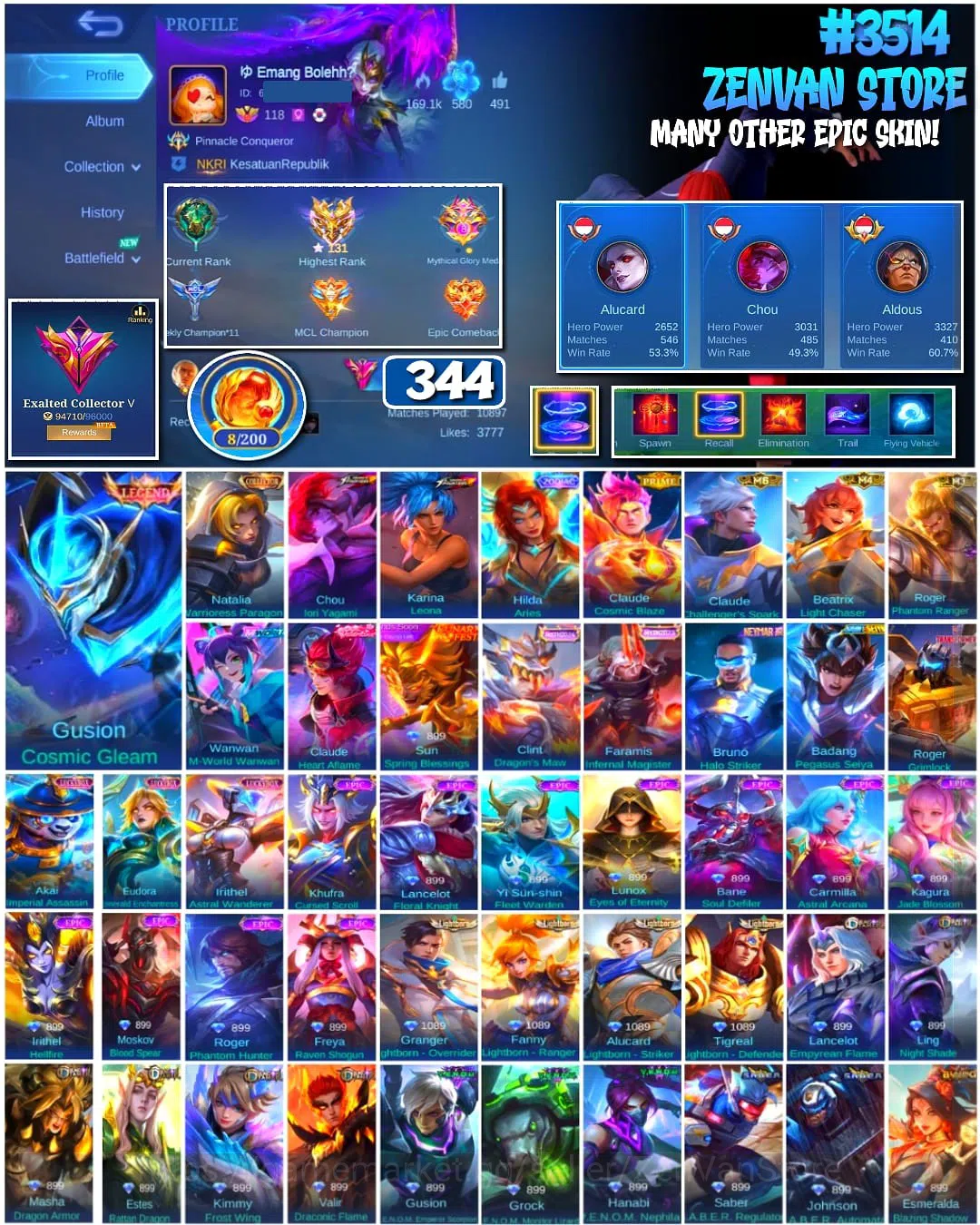 Mobile Legends: Bang Bang Accounts #3514 344 Skins | Legend Gusion | Collector Natali image 1