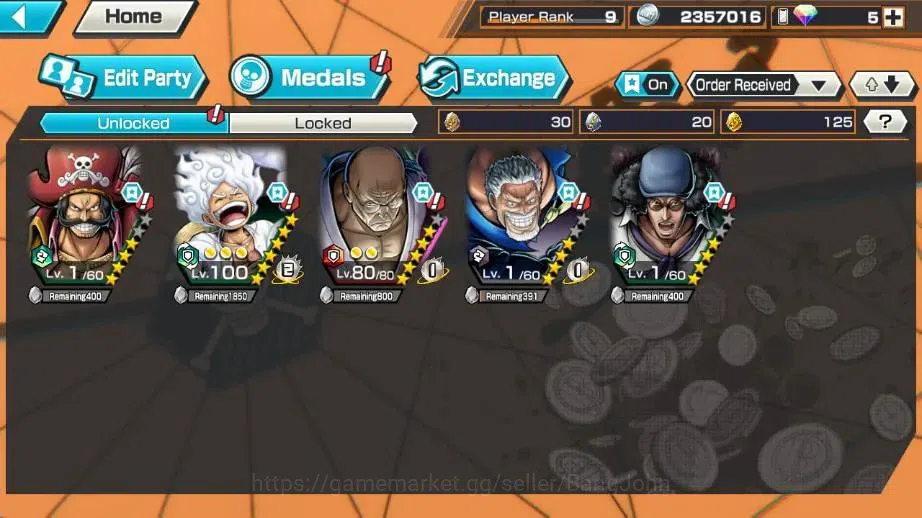 One Piece Bounty Rush Accounts High-End Global |4 EX| 1 Max | PR 9 |Gol D. Roger, Monkey D. Luffy Max,St. Ethanbaron 4