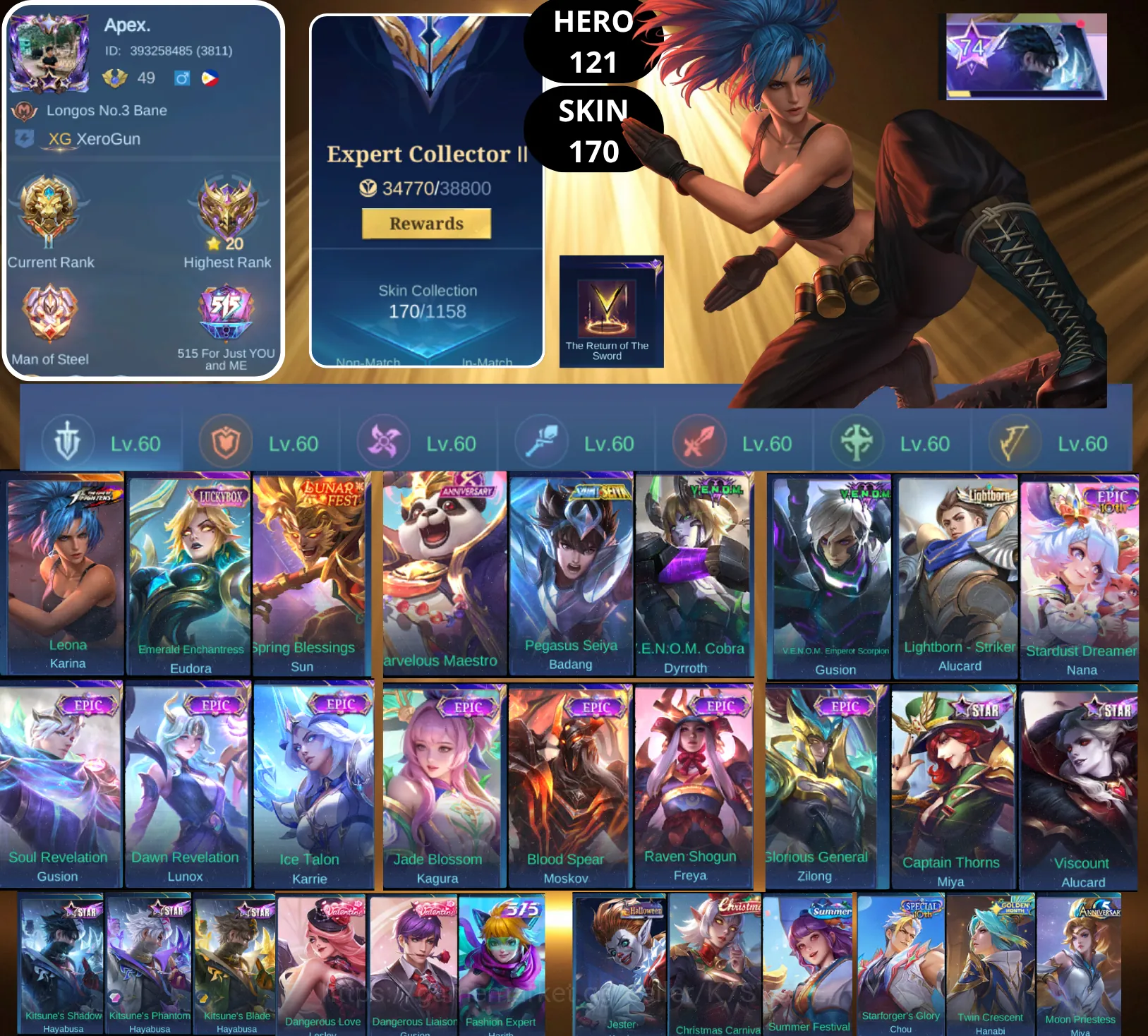 Mobile Legends: Bang Bang Accounts Smurf BEST OFFER | HERO 121 | SKIN 170 | KARINA KOF | EUDORA LUCKYBOX | SUN LUNAR | AKAI 1