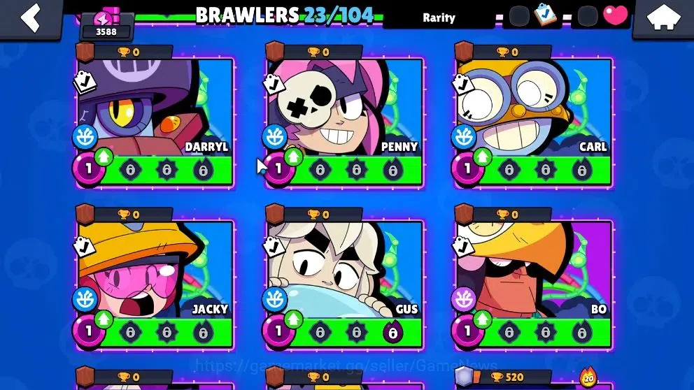 Brawl Stars Accounts 3588 Trophy|23 Brawler 3 Max (Rico,Gigi,Edgar)|1 Hyperc [SG Rico] 2 Legend [C Shely,T Nita] 2 Myth 10