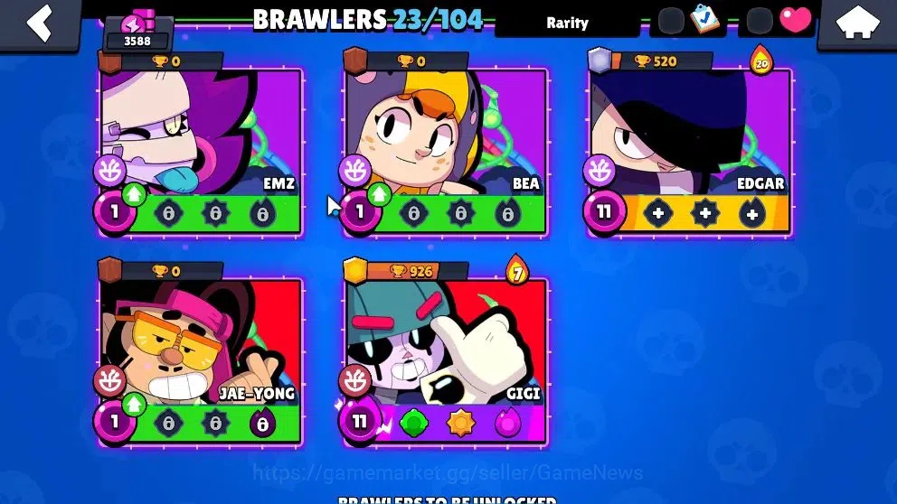 Brawl Stars Accounts 3588 Trophy|23 Brawler 3 Max (Rico,Gigi,Edgar)|1 Hyperc [SG Rico] 2 Legend [C Shely,T Nita] 2 Myth 11