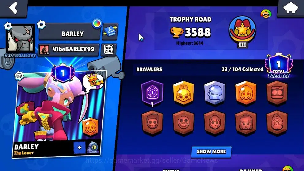 Brawl Stars Accounts 3588 Trophy|23 Brawler 3 Max (Rico,Gigi,Edgar)|1 Hyperc [SG Rico] 2 Legend [C Shely,T Nita] 2 Myth 2