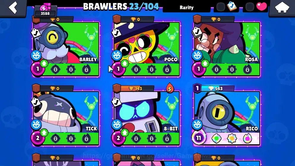 Brawl Stars Accounts 3588 Trophy|23 Brawler 3 Max (Rico,Gigi,Edgar)|1 Hyperc [SG Rico] 2 Legend [C Shely,T Nita] 2 Myth 9