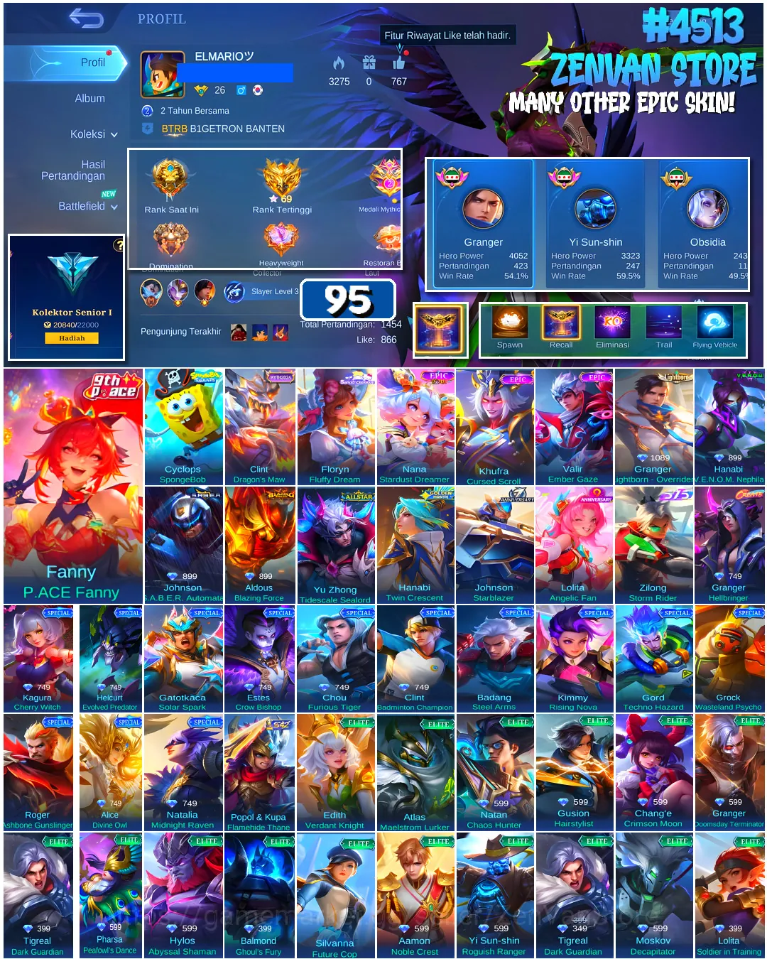 Mobile Legends: Bang Bang Accounts #4513 95 Skins | Floryn Fluffy Dream (SANRIO) | Cyclops SpongeBob (SPONGEBOB) | Khufra 1
