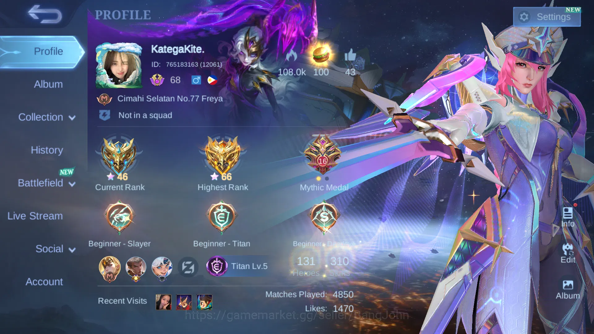 Mobile Legends: Bang Bang Accounts hero 131 | Skin 310 | Spec EXP | Legend Freya | Pa image 1