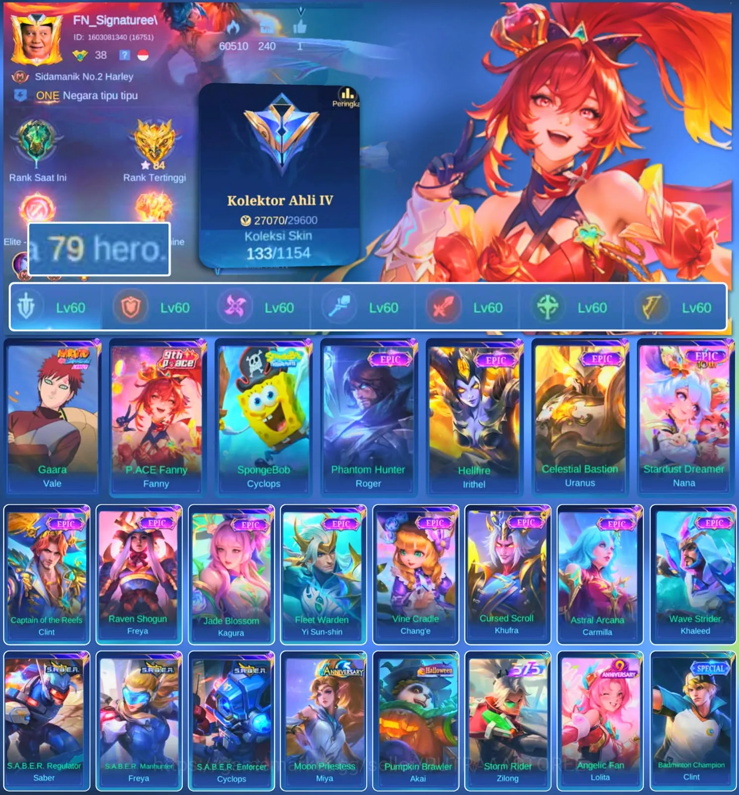 Mobile Legends: Bang Bang Accounts Others HERO 79 SKIN 138 | EMBLEM ALL MAX| PACE FANNY| VALE GARA| EPIC URANUS| HERO GOOD 1