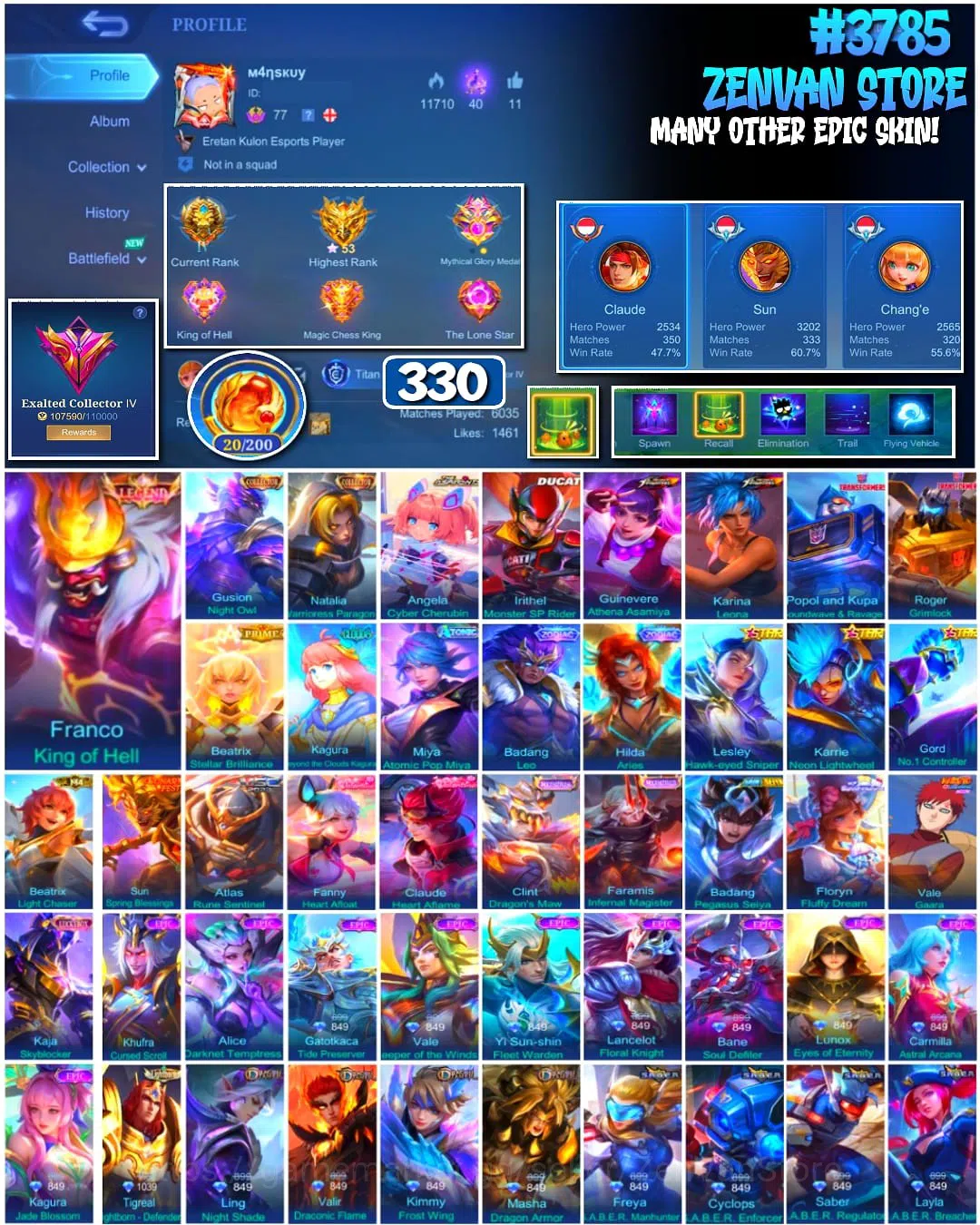 Mobile Legends: Bang Bang Accounts #3785 330 Skins | Legend Franco | Collectors Gusio image 1