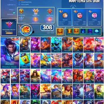 Mobile Legends: Bang Bang Accounts 🔥 #4135 🔥 💎 308 Skins 👑 Legend Alucard Obsidian Blade ⚔️ Renowned Collector I