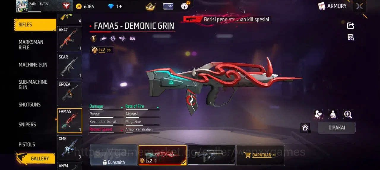 Free Fire Accounts Indonesia | EVOGUN FAMAS LVL 2 SG MAMBAH VAULT 39 EMOTE 15 KATANA LOBY 1 TAS 11 WEAPON 55 | W159 5