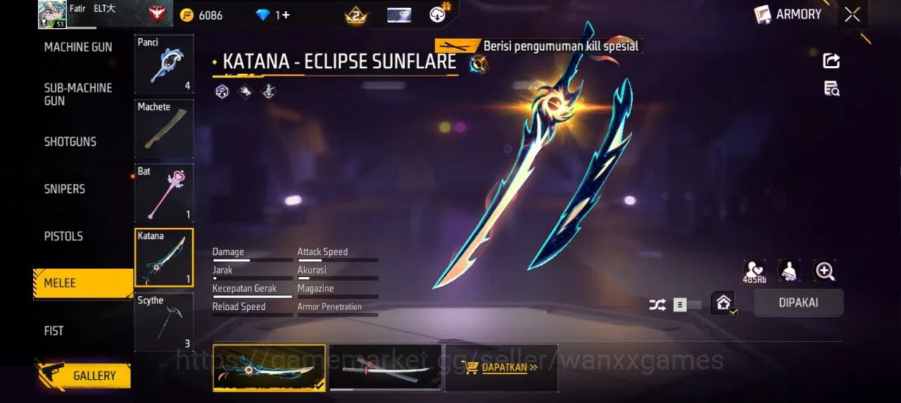 Free Fire Accounts Indonesia | EVOGUN FAMAS LVL 2 SG MAMBAH VAULT 39 EMOTE 15 KATANA LOBY 1 TAS 11 WEAPON 55 | W159 6