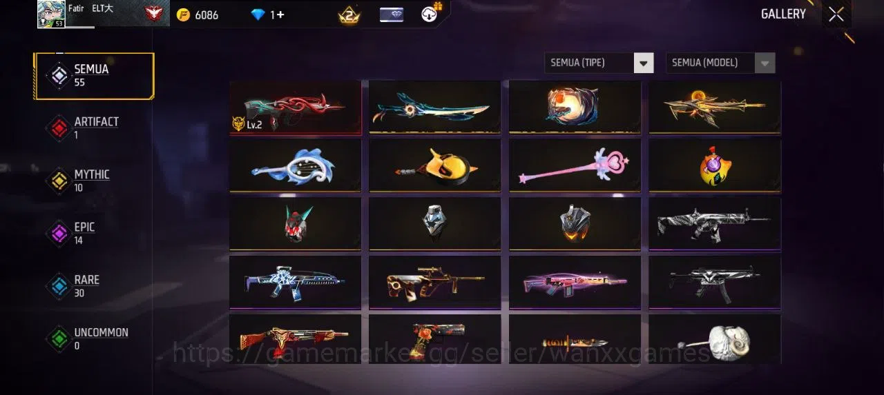 Free Fire Accounts Indonesia | EVOGUN FAMAS LVL 2 SG MAMBAH VAULT 39 EMOTE 15 KATANA LOBY 1 TAS 11 WEAPON 55 | W159 7