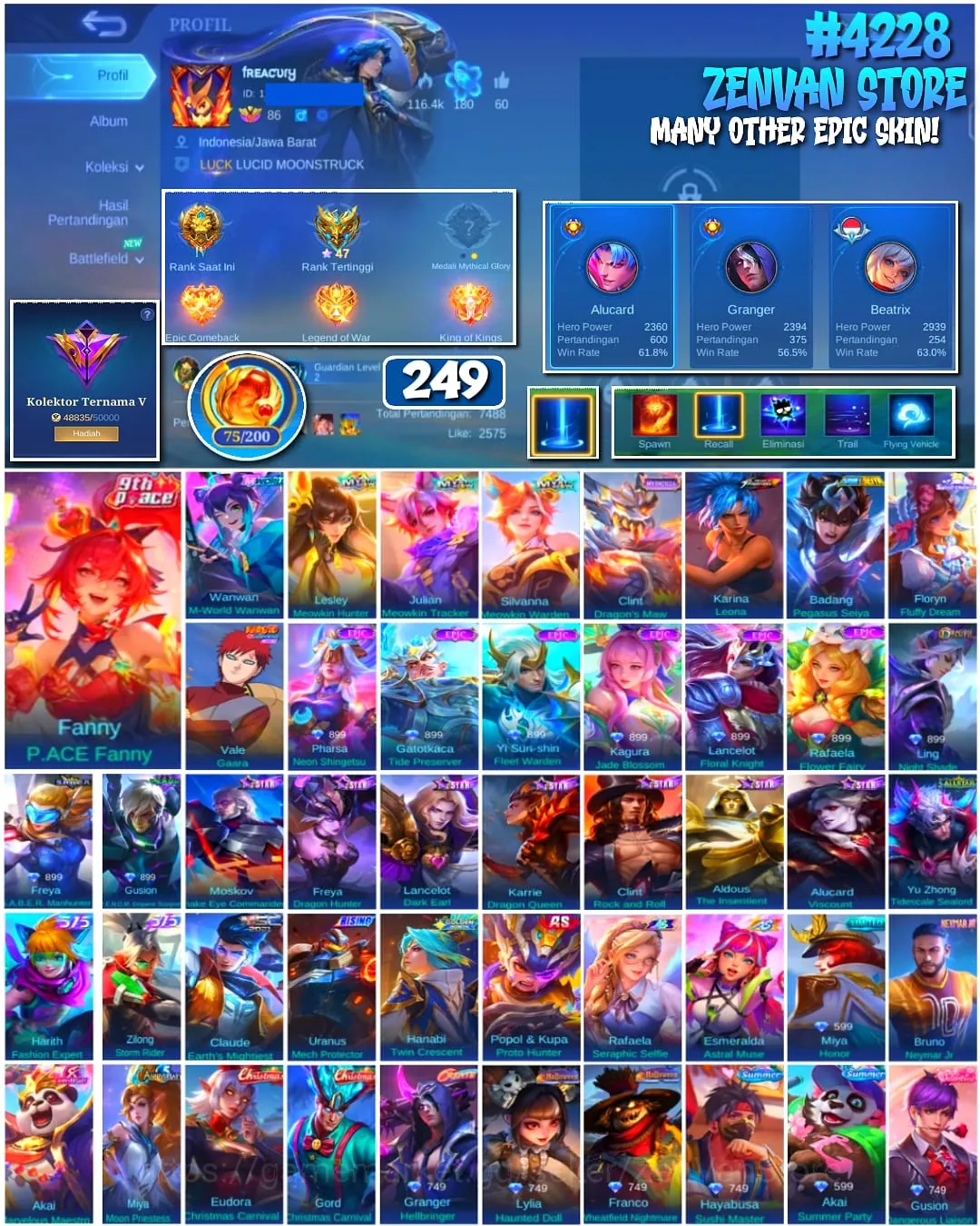 Mobile Legends: Bang Bang Accounts π₯ #4228 π₯ π 249 Skins π Badang Pegasus Seiya βοΈ Renowned Collector V β Karina Leona 1