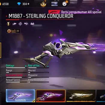 Free Fire Accounts Indonesia | 2 EVO Gun: M1014 Lv4, M1887 Lv5 | M1887: Sterling Conqueror,Gurun Pasir,2 More| Electrify