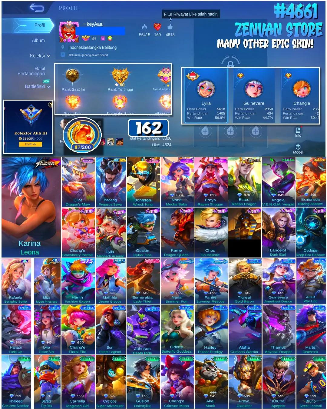 Mobile Legends: Bang Bang Accounts #4661 162 Skins | Karina Leona (KOF) | Badang Pegasus Seiya (SAINT SEIYA) | Freya Raven 1