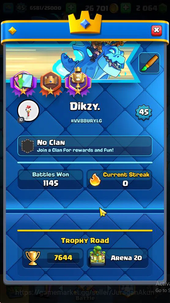 Clash Royale Accounts Midgame Lvl 45|Trophy 7644|KTL 14|Limited Skin|Card 119| 1 Hero 11 EVO 6 Champ 21 Legendary 33 Epic,30 2