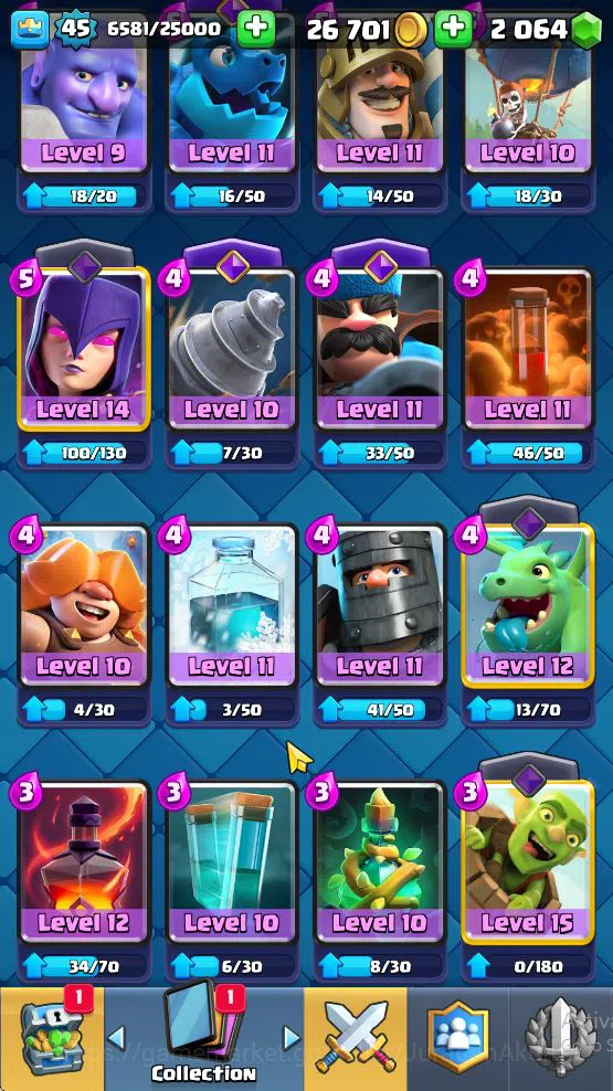 Clash Royale Accounts Midgame Lvl 45|Trophy 7644|KTL 14|Limited Skin|Card 119| 1 Hero 11 EVO 6 Champ 21 Legendary 33 Epic,30 7