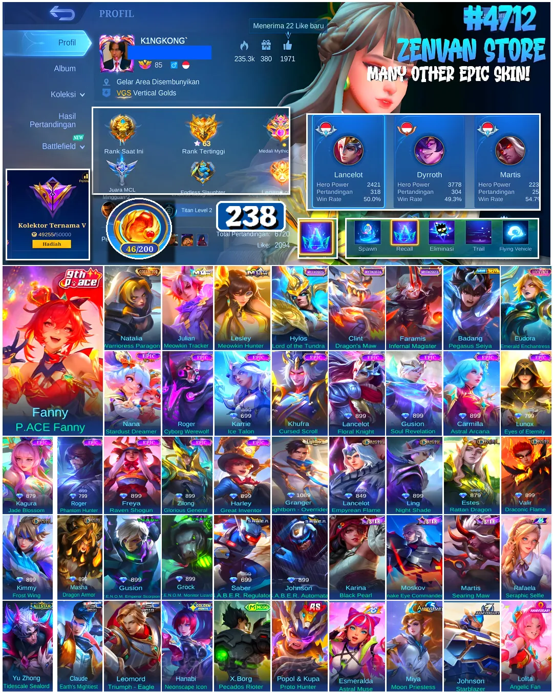 Mobile Legends: Bang Bang Accounts #4712 238 Skins | Fanny P.ACE Fanny (P.ACE) | Badang Pegasus Seiya (SAINT SEIYA 1