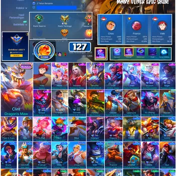 Mobile Legends: Bang Bang Accounts #4701 127 Skins | Clint Dragon's Maw (MYTHICAL) | Vale Gaara (NARUTO) | Grock Codename