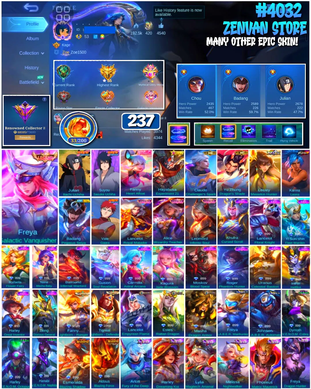 Mobile Legends: Bang Bang Accounts ๐ฅ #4032 ๐ฅ 237 Skins ๐ Legend Freya Galactic Vanquisher ๐ Renowned Collector II โ๏ธ 1
