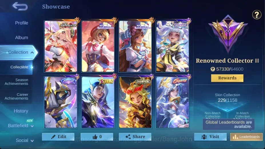 Mobile Legends: Bang Bang Accounts Collector Global|229 Skin|Renowned|Aspirants Guinevere,Annual Lesley,Zodiac 1