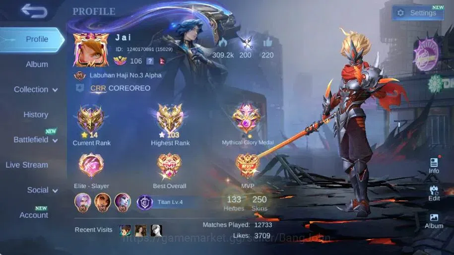 Mobile Legends: Bang Bang Accounts Collector Global|Skin 250|Renowned|PRIME Claude,STAR Hayabusa,Collector Natalia,PACE 1