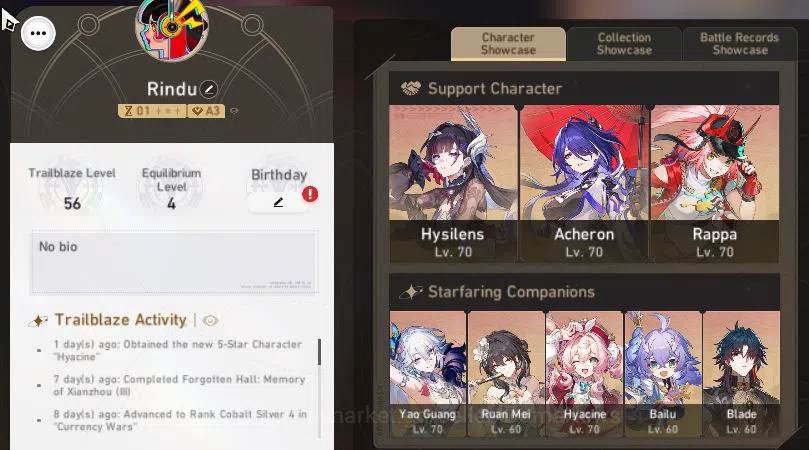 Honkai Star Rail Accounts Mid Game Asia|TL 56|7 Limited| [Rappa E1]+Sign,Yao Guang,Hysilens,Hyacine,Acheron,Dante,Ruan Mei 2