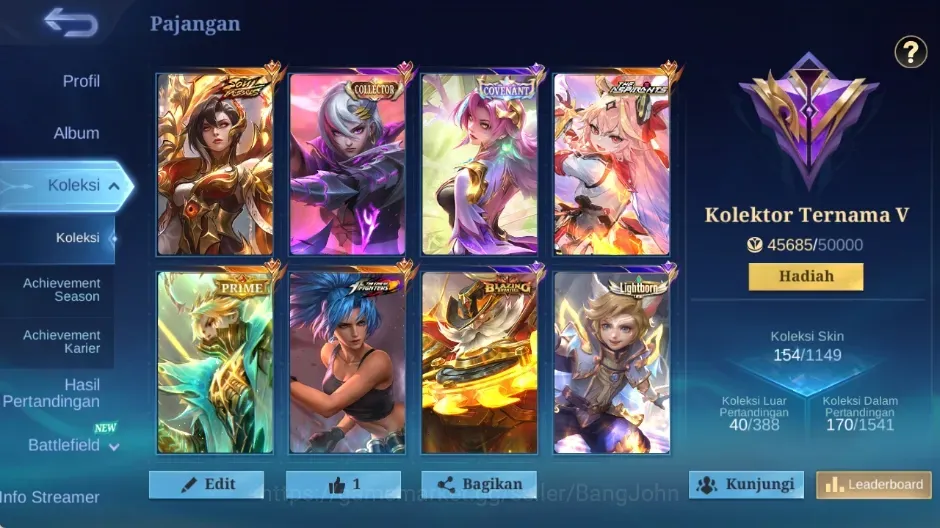 Mobile Legends: Bang Bang Accounts Collector Global|154S|Renowned|CC Benedetta,SP Benedetta,PRIME Granger,TA Edith,KOf 1