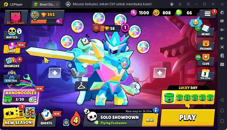 Brawl Stars Accounts Trophy 393|13 Brawler|3 Lv11(Shelly,Edgar,Kenji)|1 Hypercharge(Rico),1Mythic,4 Epic Skin|3157 1