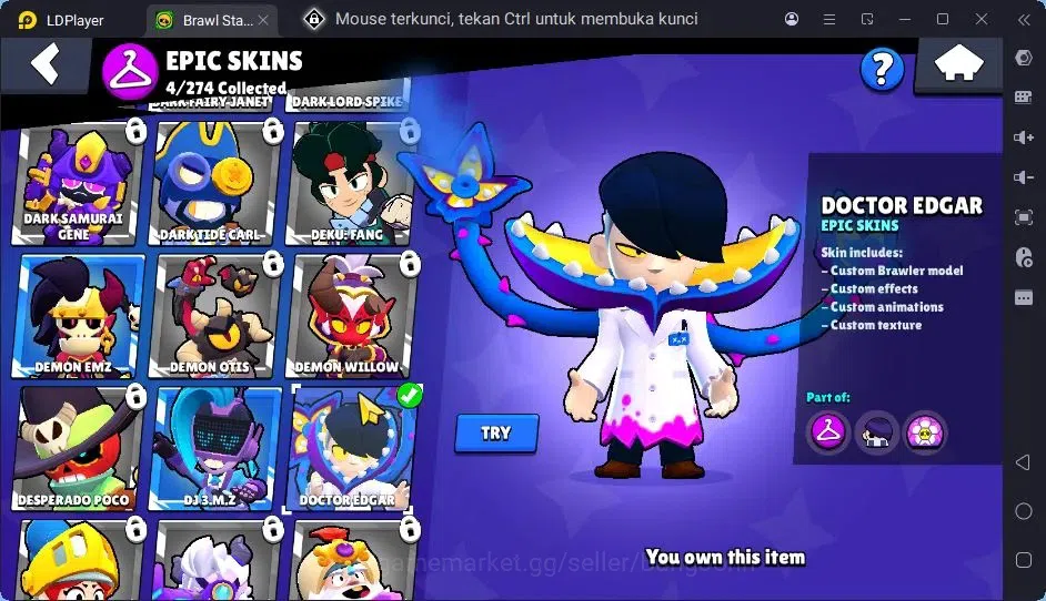 Brawl Stars Accounts Trophy 393|13 Brawler|3 Lv11(Shelly,Edgar,Kenji)|1 Hypercharge(Rico),1Mythic,4 Epic Skin|3157 10