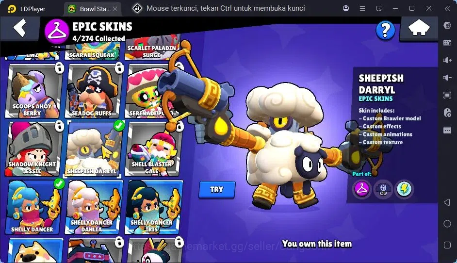 Brawl Stars Accounts Trophy 393|13 Brawler|3 Lv11(Shelly,Edgar,Kenji)|1 Hypercharge(Rico),1Mythic,4 Epic Skin|3157 11