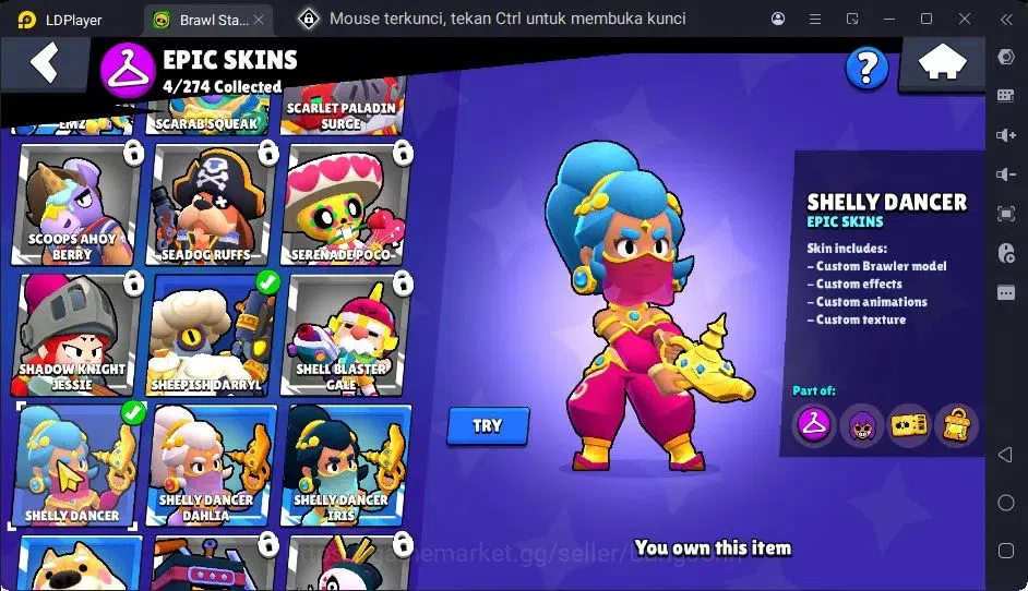 Brawl Stars Accounts Trophy 393|13 Brawler|3 Lv11(Shelly,Edgar,Kenji)|1 Hypercharge(Rico),1Mythic,4 Epic Skin|3157 12