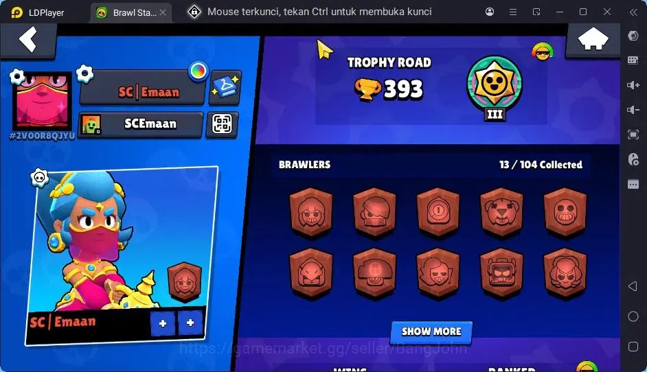Brawl Stars Accounts Trophy 393|13 Brawler|3 Lv11(Shelly,Edgar,Kenji)|1 Hypercharge(Rico),1Mythic,4 Epic Skin|3157 2