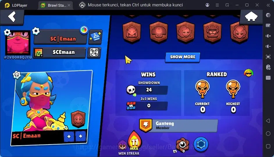 Brawl Stars Accounts Trophy 393|13 Brawler|3 Lv11(Shelly,Edgar,Kenji)|1 Hypercharge(Rico),1Mythic,4 Epic Skin|3157 3