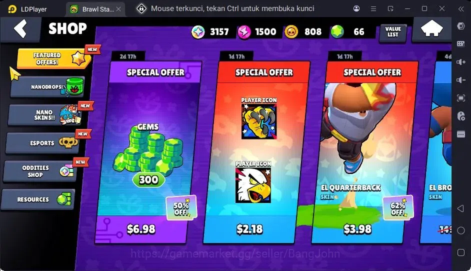 Brawl Stars Accounts Trophy 393|13 Brawler|3 Lv11(Shelly,Edgar,Kenji)|1 Hypercharge(Rico),1Mythic,4 Epic Skin|3157 4