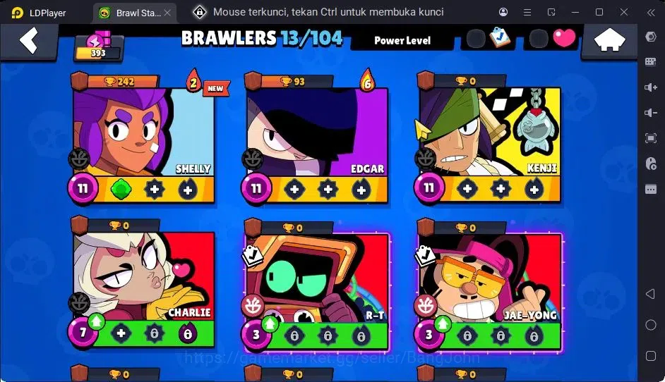Brawl Stars Accounts Trophy 393|13 Brawler|3 Lv11(Shelly,Edgar,Kenji)|1 Hypercharge(Rico),1Mythic,4 Epic Skin|3157 5