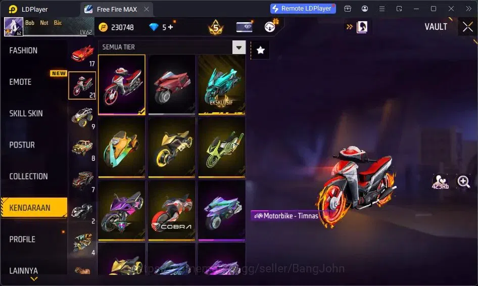 Free Fire Accounts Indonesia | Vault 375 | EVO-SCAR MEGALODON| SG Tro image 9